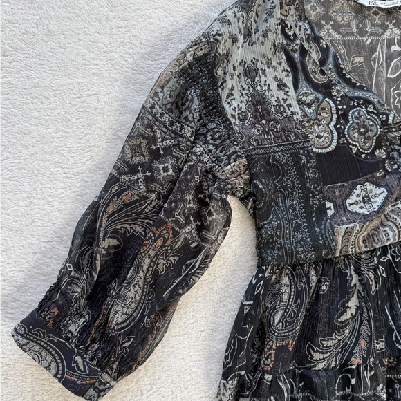 ZARA Boho Paisley Tiered Mini Dress Size M Sheer Long Sleeve Babydoll Tunic - Picture 4 of 16